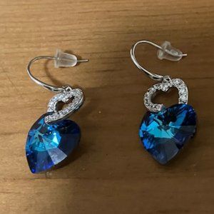 Plato H Women's Silver/Blue Swarovski Crystal Double Heart Earrings OS NIB